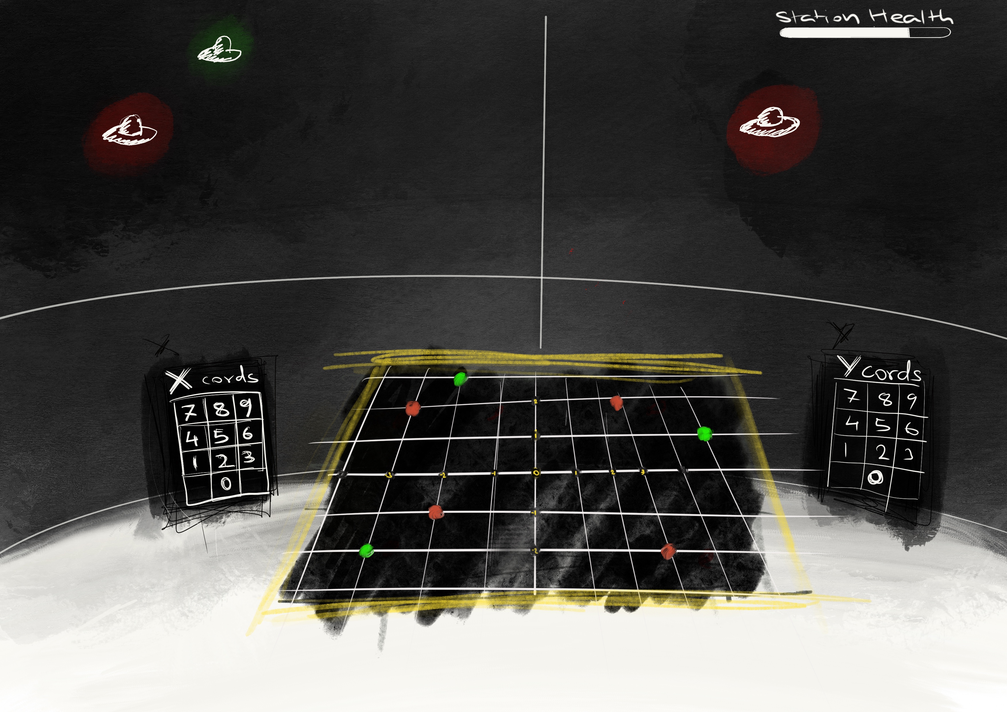 MathaVerse VR concept sketch: coordinate grid with X/Y input panels and gamified station health