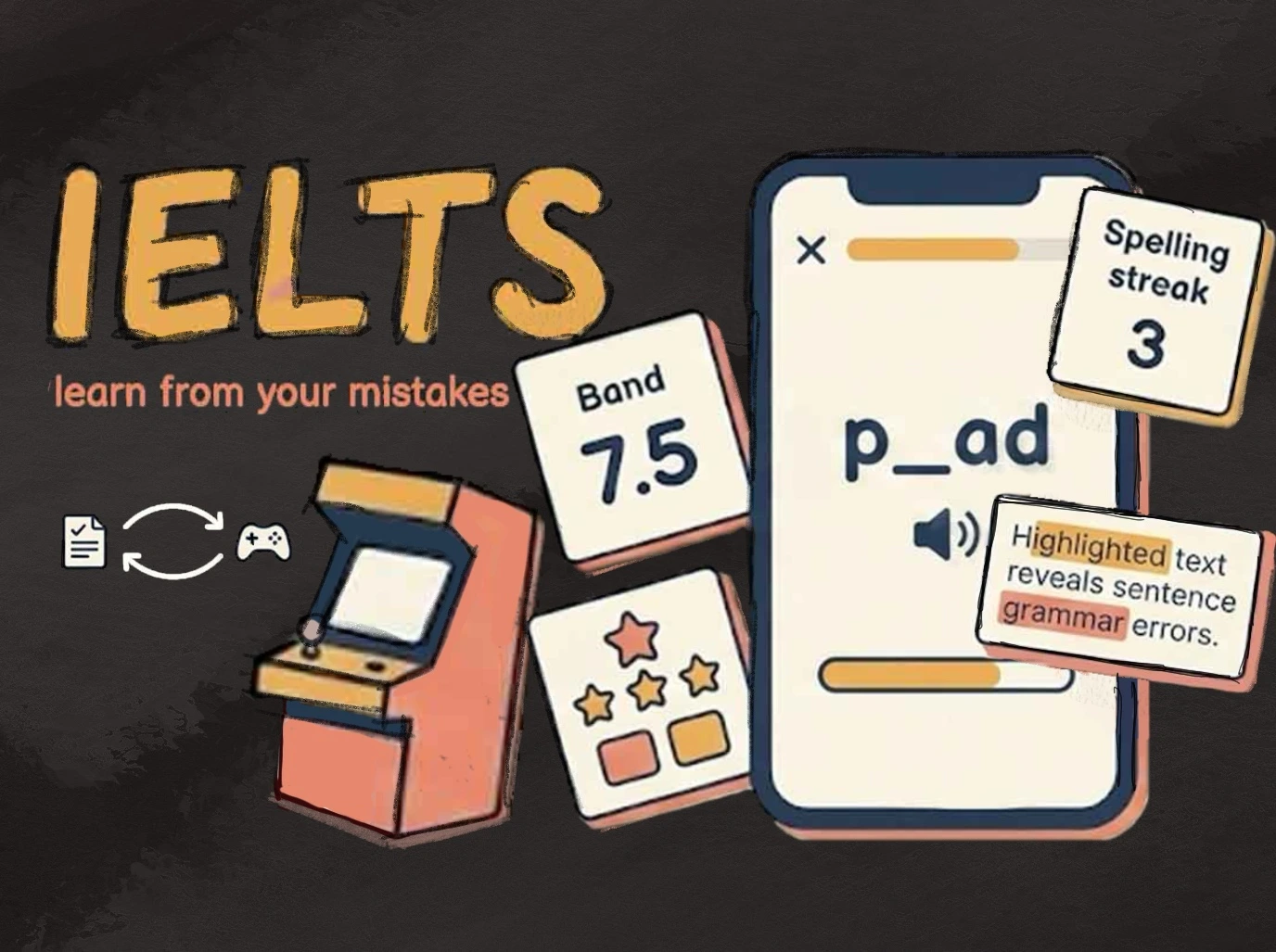 English language study: person writing in IELTS workbook with UK flag bookmark