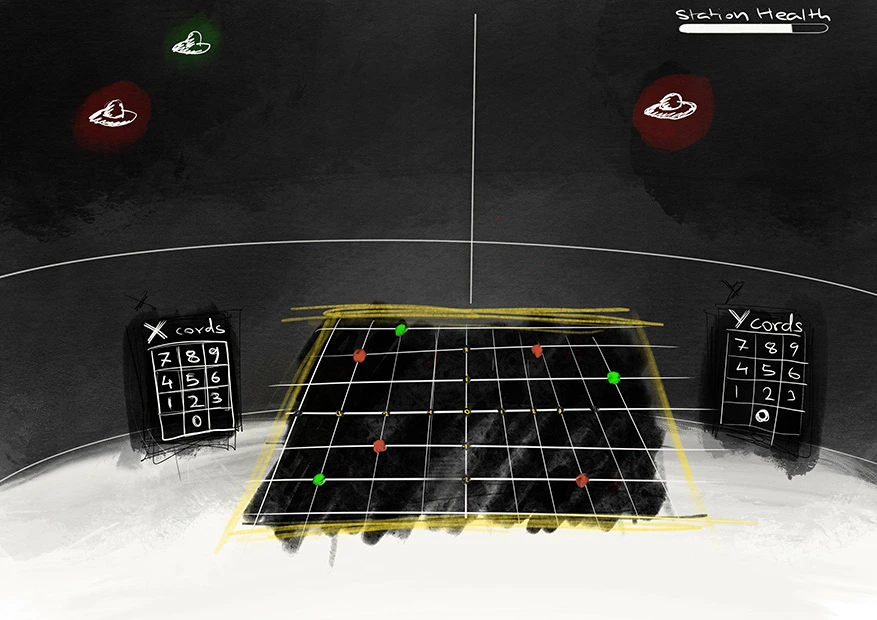 MathaVerse VR concept sketch: coordinate grid with X/Y input panels and gamified station health